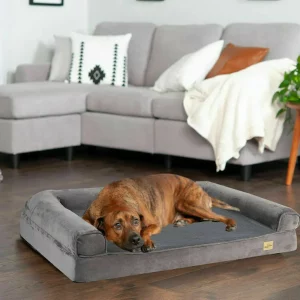 XXL orthopedic dog bed, plush grey cover, comfortable resting spot
