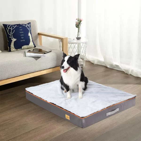 Close-up of the soft plush surface of a dog bed