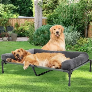 Grey elevated dog bed with mesh surface and detachable plush bolster