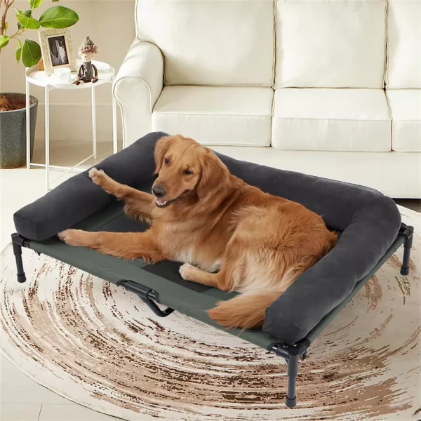Close-up of breathable Textilene mesh fabric on raised dog bed