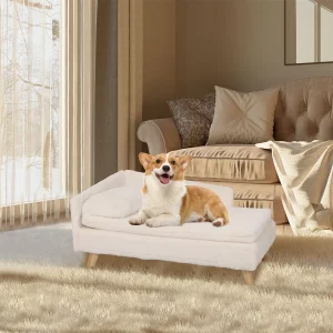 Elevated pet bed from the front with a small dog resting on the cozy pad.