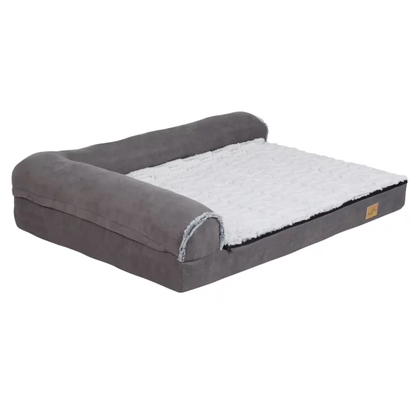 XL orthopedic dog bed showing dimensions and plush bolster