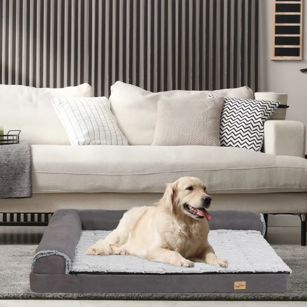 Close-up of memory foam base and plush sleep surface of dog bed