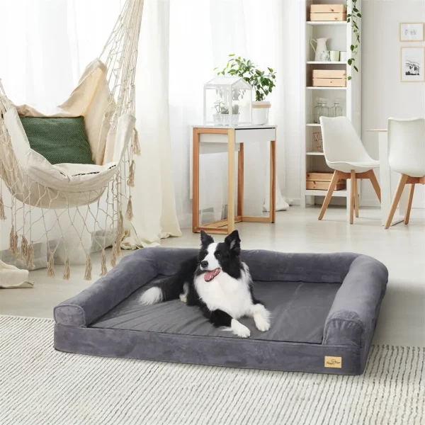 Close-up of the plush fabric and bolster edge of an orthopedic dog bed