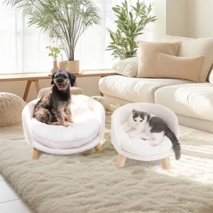 Front view of a white luxury cat bed with wooden legs