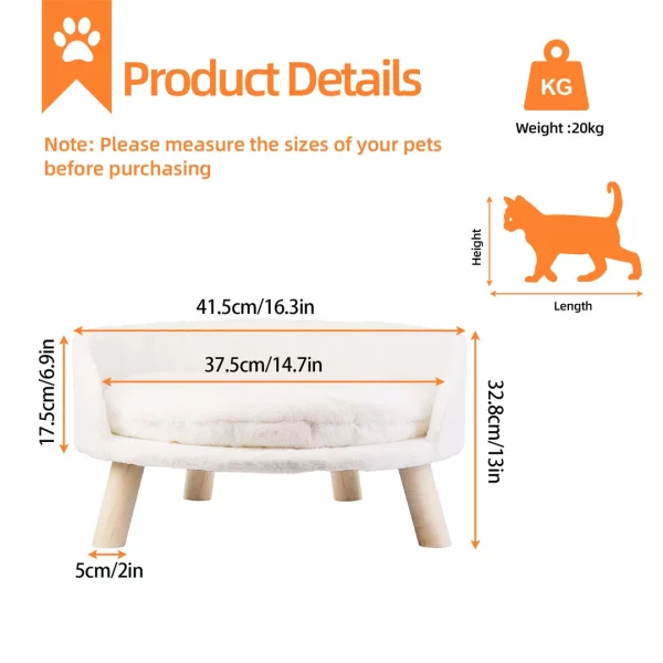 Luxury Cat Bed Soft Warm Plush Fabric Pet Nesting Chair Bed Stool Wood Legs with Cushion Pad Washable Waterproof for