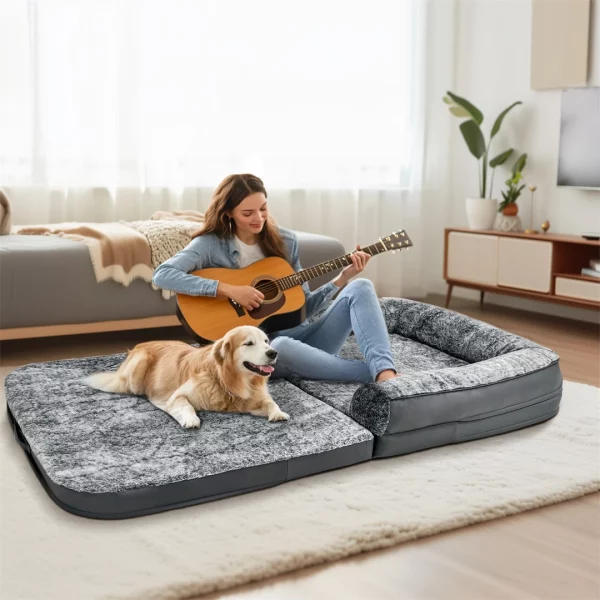 Folded view of the human-size giant dog bed, demonstrating its compact storage potential.