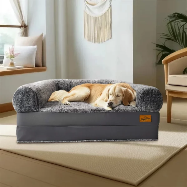 A person and a large dog relaxing together on the spacious human-size giant dog bed.