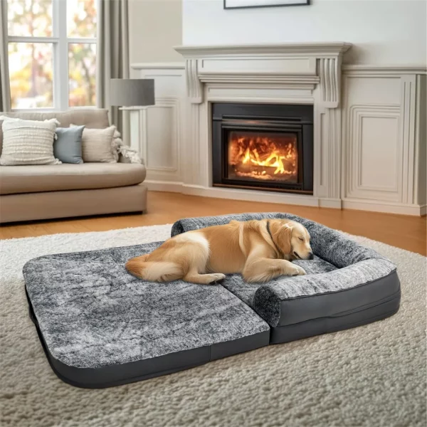 Close-up texture of the ultra-soft plush linter fabric on the giant dog bed.