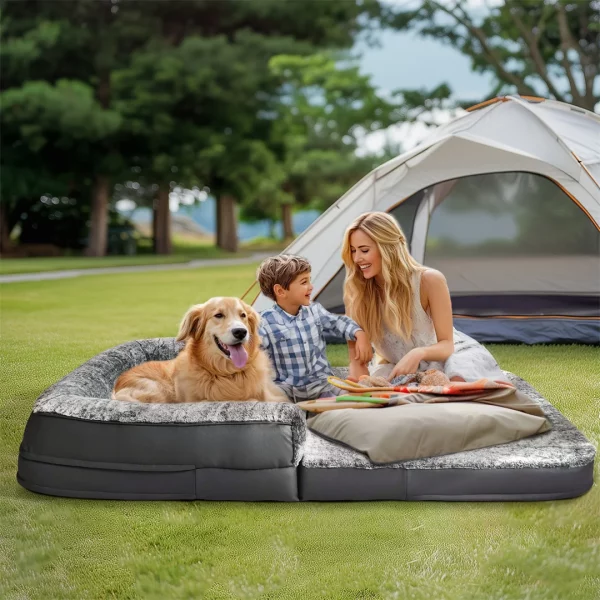 Detail of the supportive three-sided plush bolster on the giant dog bed for enhanced comfort.