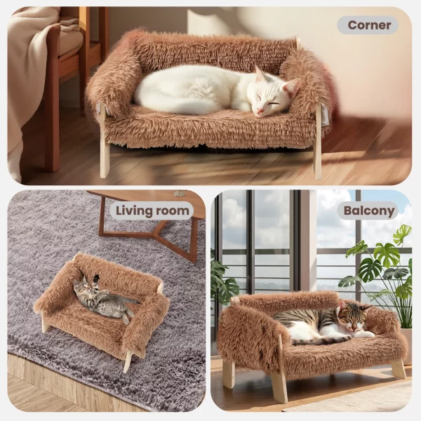 Cat lounging comfortably on the raised plush cat bed.