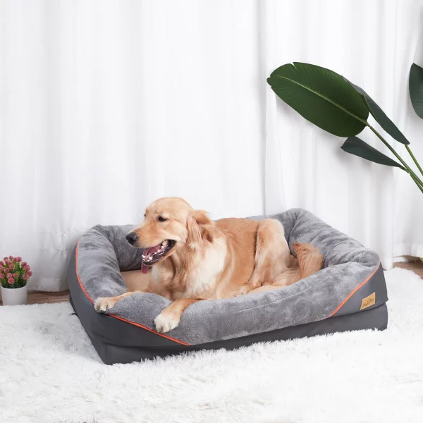 Dog resting comfortably on the large dog bed, highlighting its size.