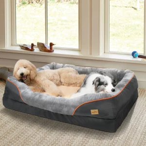 Large dog bed with bolster sides, showing overall shape and texture.