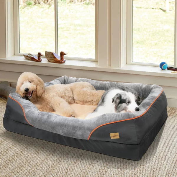 Large dog bed with bolster sides, showing overall shape and texture.