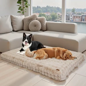 Plush dog bed in beige, showing overall shape and texture.