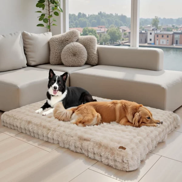 Plush dog bed in beige, showing overall shape and texture.