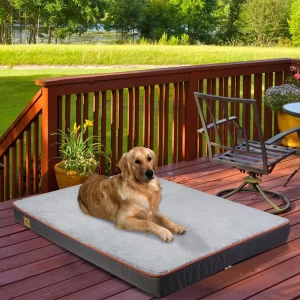 Large orthopedic dog bed with grey linter fabric surface and memory foam base