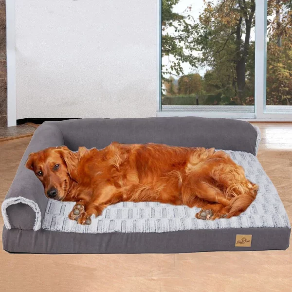 xxl xl large orthopedic dog bed, grey chaise lounge sofa, front view