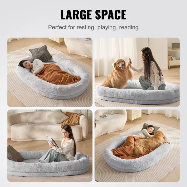 Washable faux rabbit fur cover of the human dog bed being easily removed via zipper