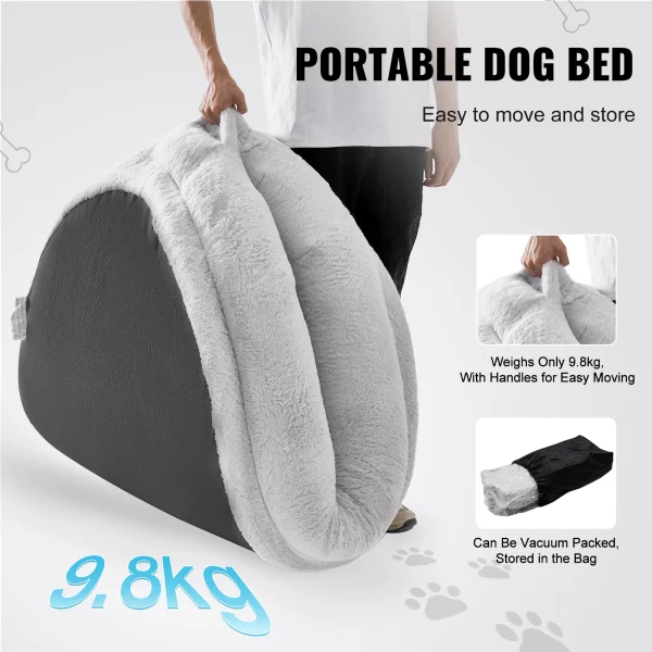 Grey human dog bed featuring convenient side handles and a practical storage pocket