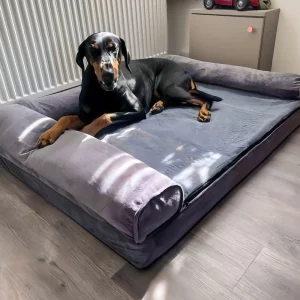 XXXL large calming dog bed, grey orthopedic memory foam sofa, U-shaped bolster detail