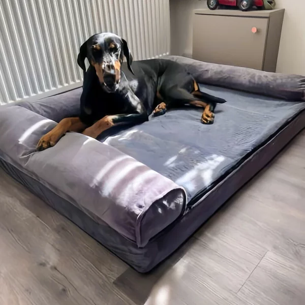 XXXL large calming dog bed, grey orthopedic memory foam sofa, U-shaped bolster detail