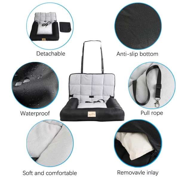 Dog wearing a safety belt attached to the car seat bed for secure travel