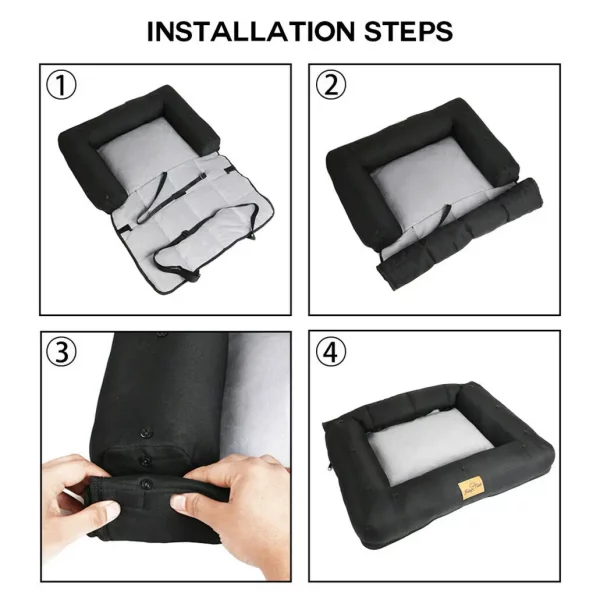 Black dog car seat bed securely fitted onto a car's front passenger seat