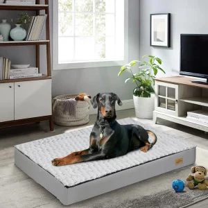 Orthopedic dog bed in grey, showing full view and plush texture.