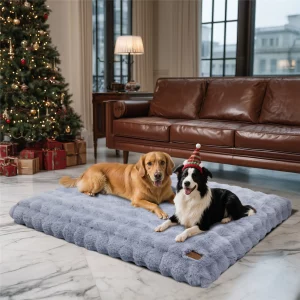 Extra large dog crate bed in grey, plush faux fur surface for ultimate comfort