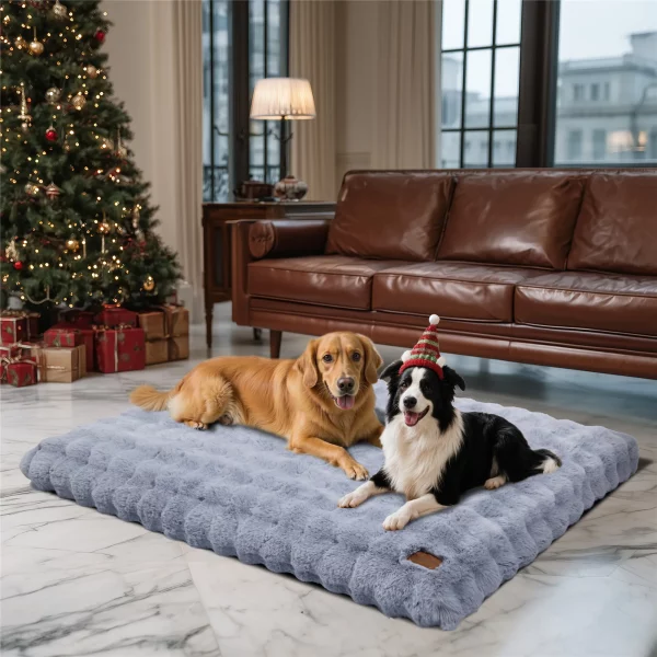 Extra large dog crate bed in grey, plush faux fur surface for ultimate comfort