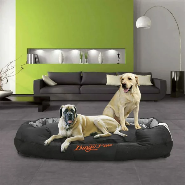 Dog resting comfortably on large soft dog bed