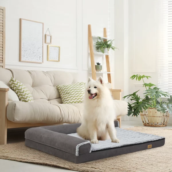Medium dog bed designed as an L-shape pet sofa with a comfortable sleeping surface