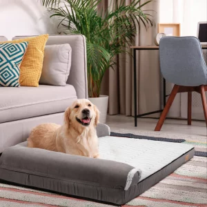Grey heavy duty dog bed with plush L-shape bolster
