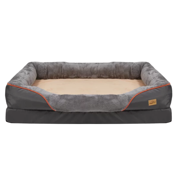 Waterproof orthopedic dog bed in dark grey with yellow and orange trim.