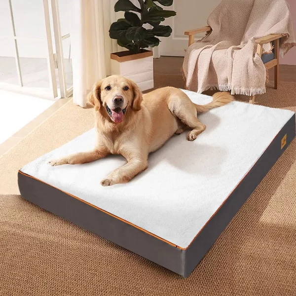 Grey orthopedic dog bed, plush top fabric, side view