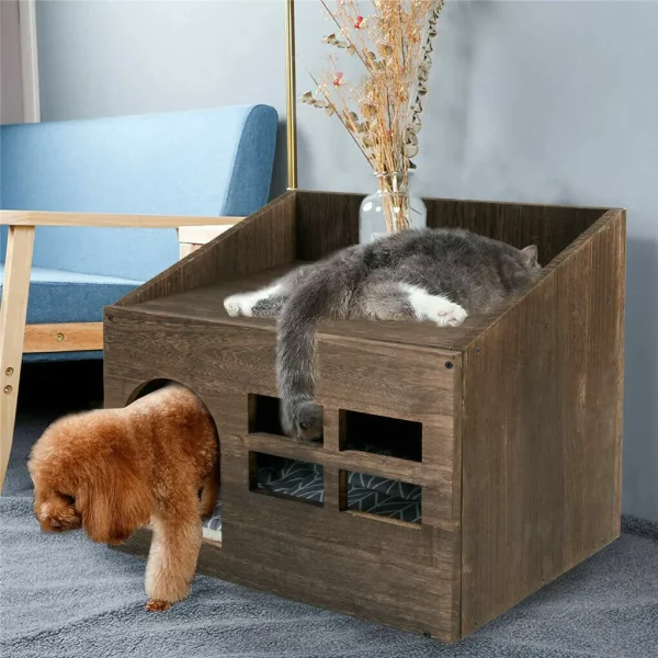 Interior of the wooden cat house with plush polyester cushion pad
