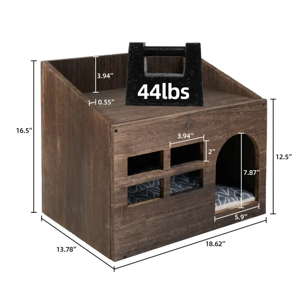 Assembled wooden cat house with cushion, presented as a complete pet furniture piece