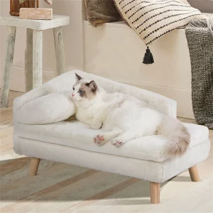Elevated dog sofa bed, plush cushion, beige fabric, living room pet furniture