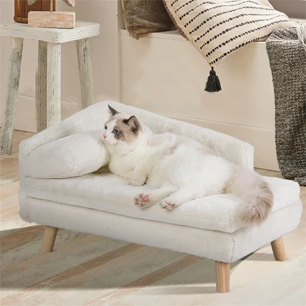 Elevated dog sofa bed, plush cushion, beige fabric, living room pet furniture