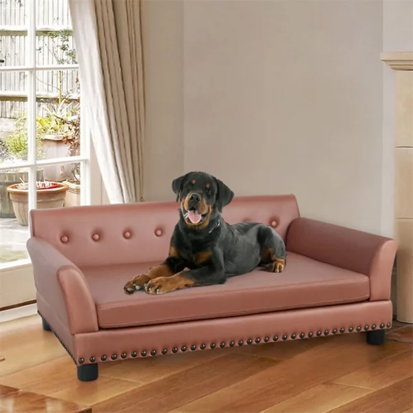 Close-up of waterproof, anti-scratch leathaire fabric on dog sofa