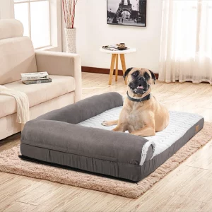 Grey dog bed with plush surface and orthopedic support