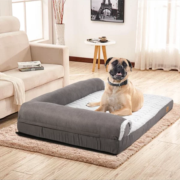 Grey dog bed with plush surface and orthopedic support