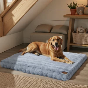 Ultra-soft dog bed in dusty blue, showing plush texture
