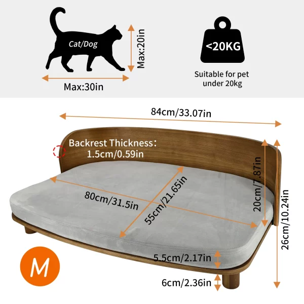 Small cat relaxing on the elevated wooden pet couch