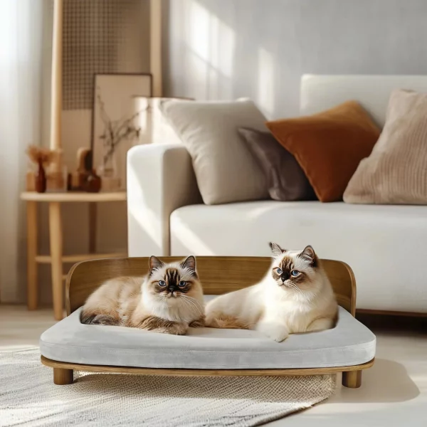 Close-up of the durable wooden frame on an elevated pet sofa