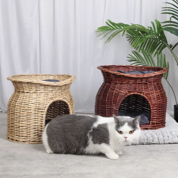 2-tier wicker cat bed with plush cushions