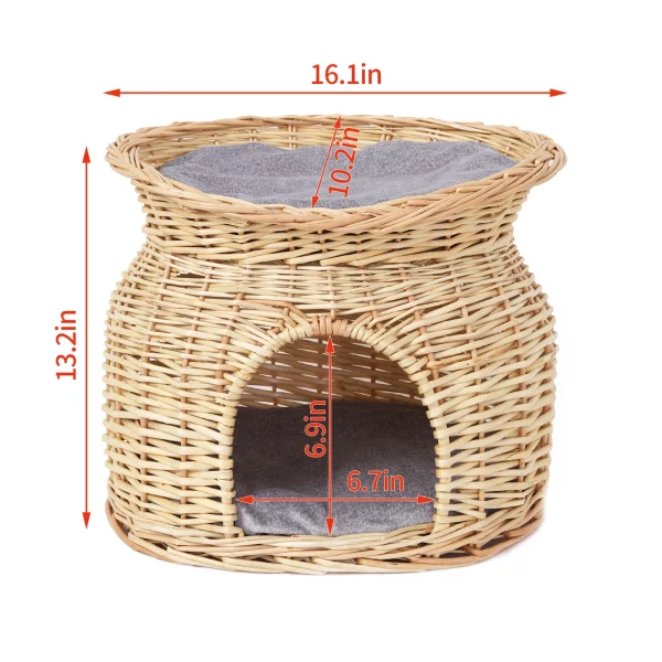 Plush cushion inside lower tier of wicker cat bed