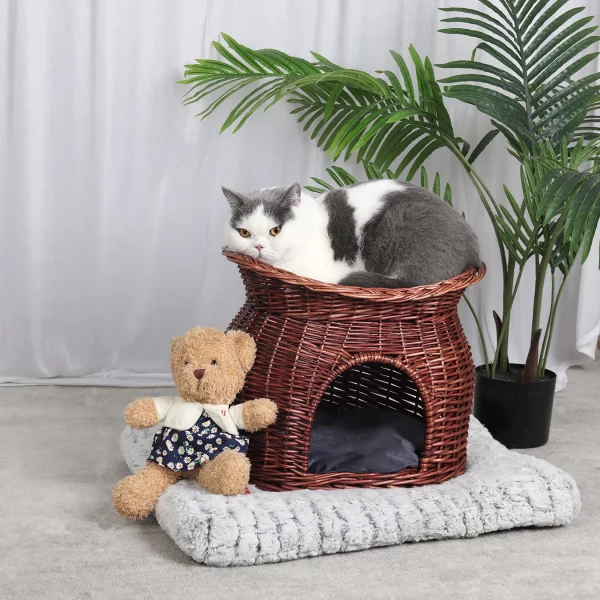 Close-up of natural wicker weave on cat playhouse