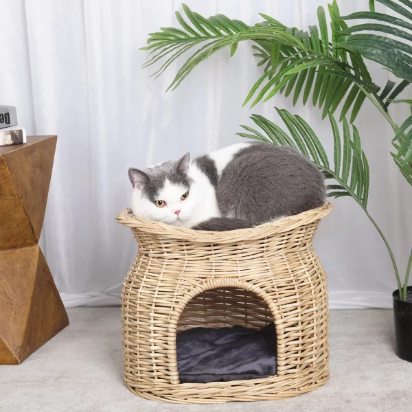 Dimensions diagram for 2-tier wicker cat bed